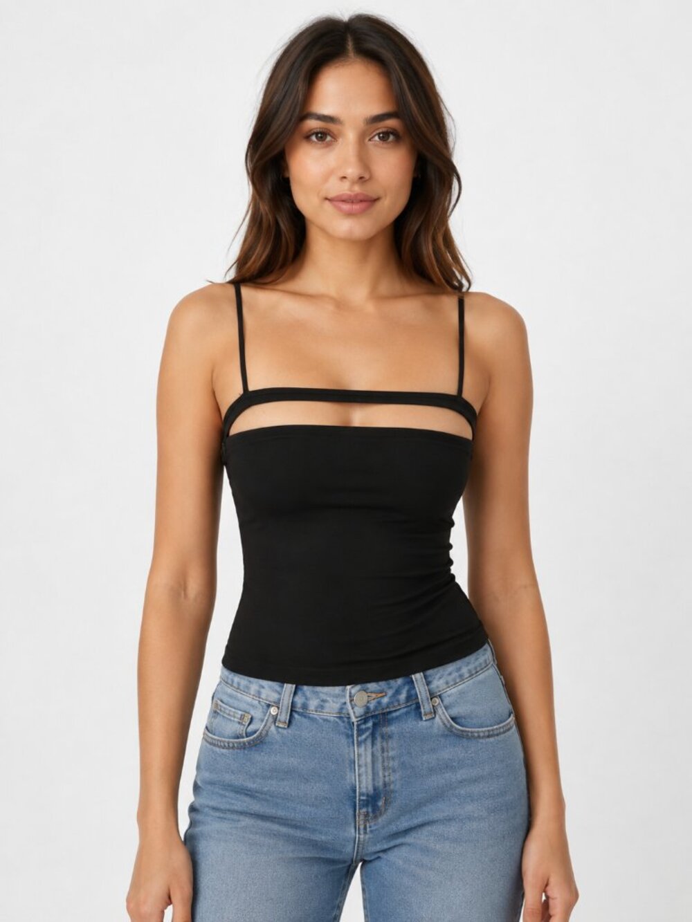 Superdown Black Zip-Front Crop Top – Strappy Fitted Cami XS